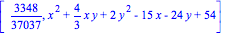 [3348/37037, x^2+4/3*x*y+2*y^2-15*x-24*y+54]
